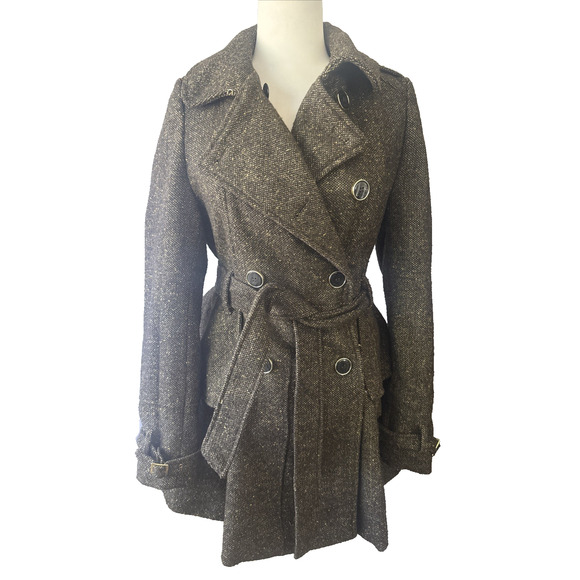 Steve Madden Tweed Peplum Trench Coat — Double-Breasted Belted Women’s Medium - Picture 2 of 12